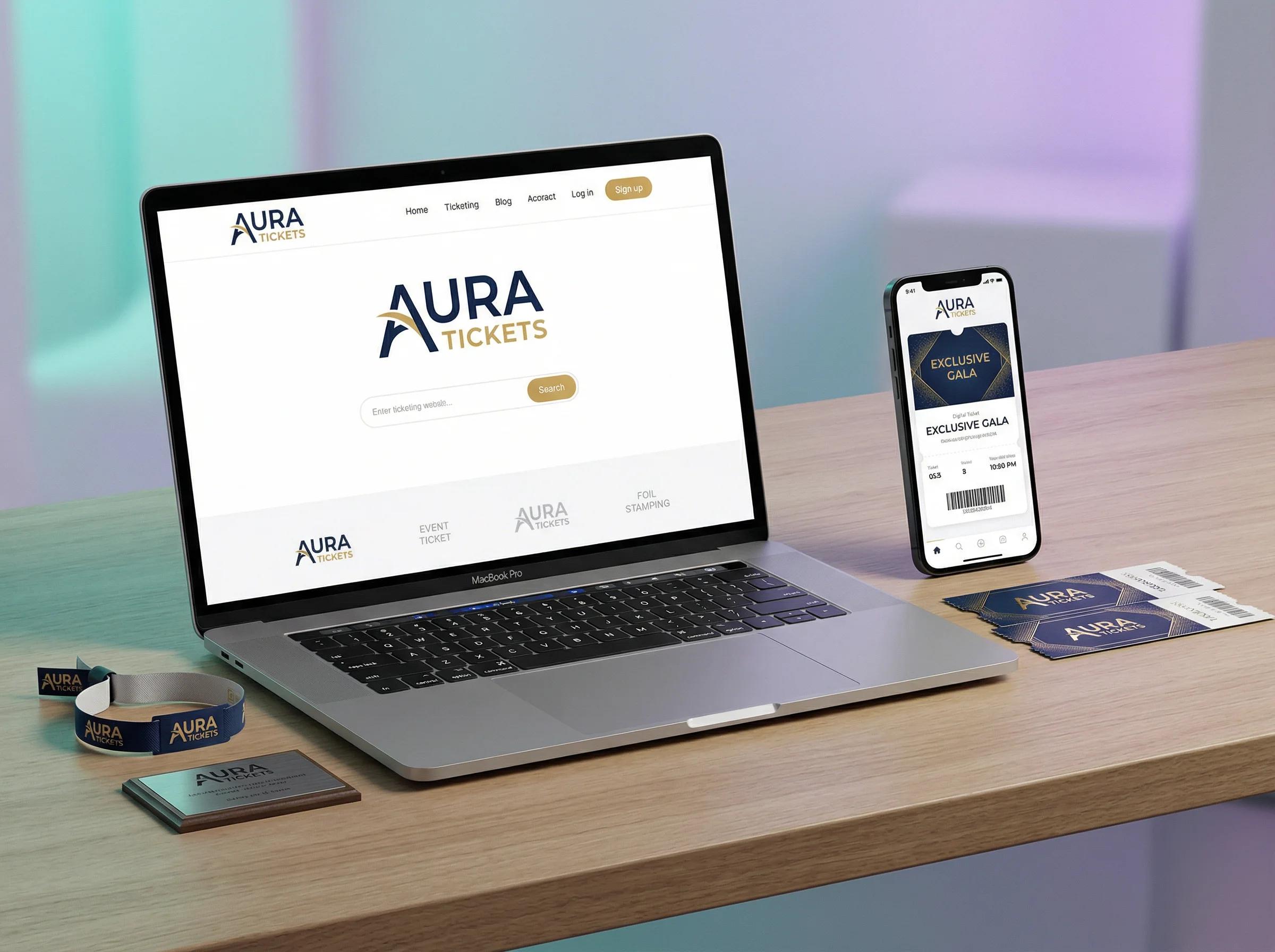 Plataforma de bilheteria com identidade visual personalizada exibida em laptop e smartphone