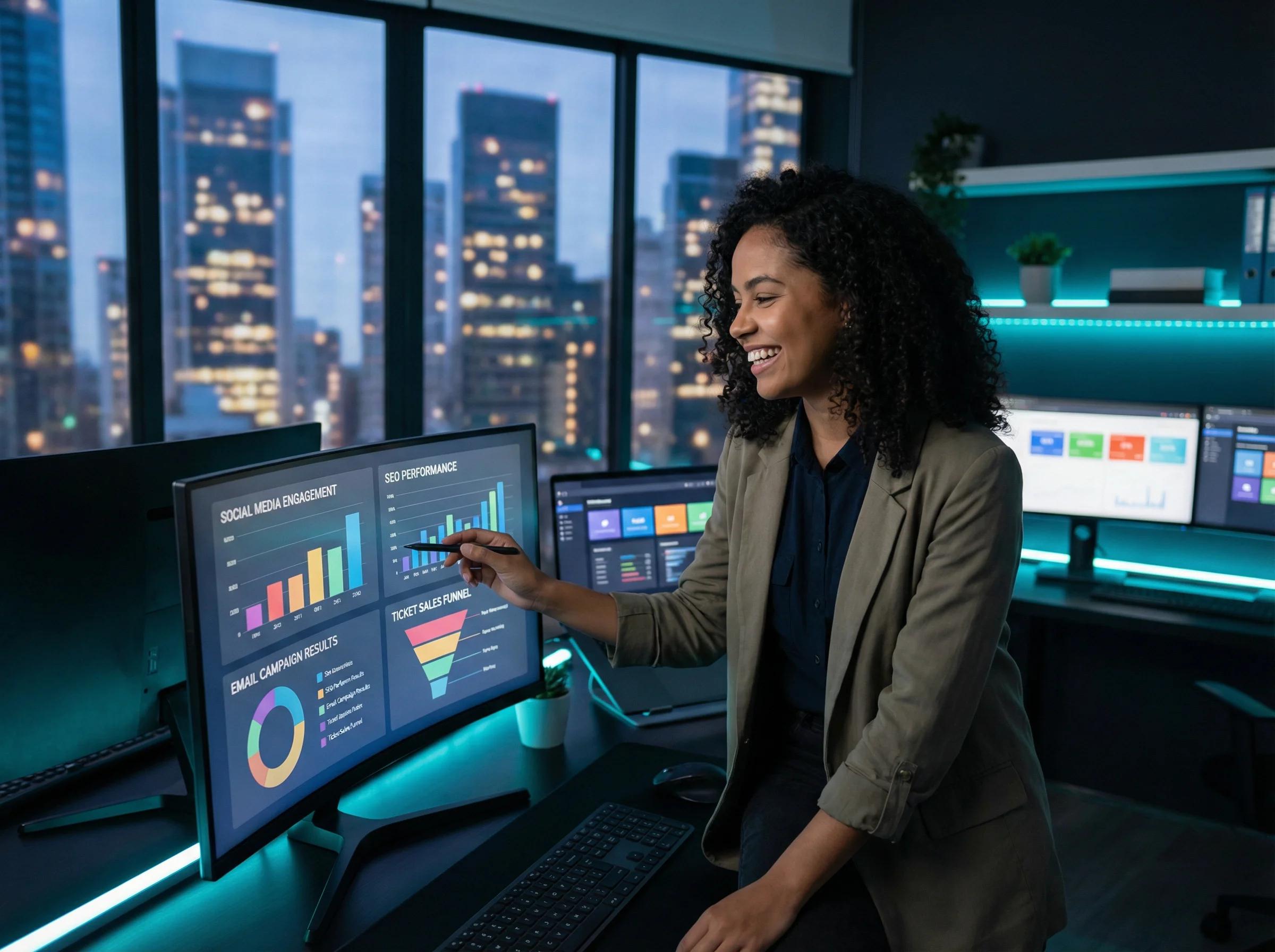 Profissional de marketing analisando métricas de eventos e campanhas digitais