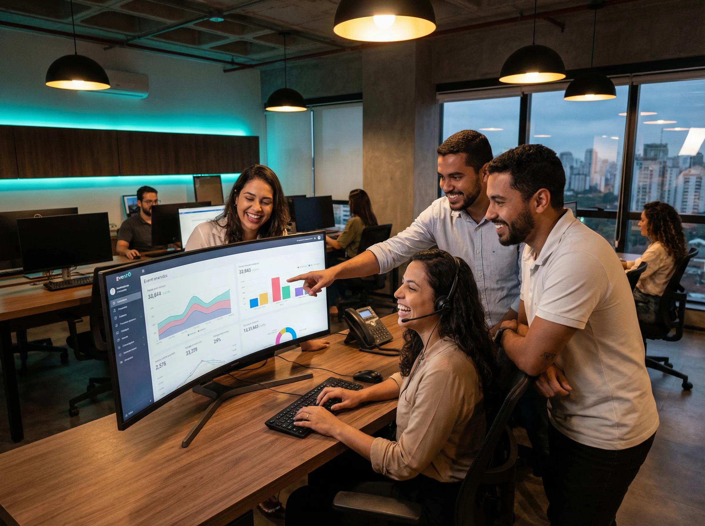 Equipe brasileira de sucesso do cliente colaborando em escritório moderno